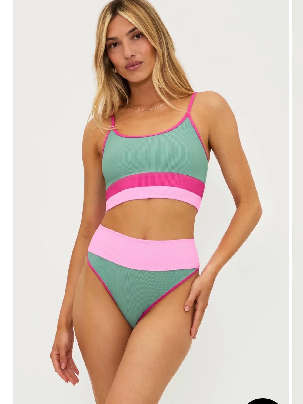 Beach Riot Green and Pink Ribbed High-Waist Bikini Set